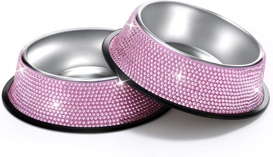 Dazzle Your Pets with These Handmade Pink Bling Dog Bowls! 💖🐾 Set of 2 Stunning Stainless Steel Feeders for Food & Water! 🥳✨